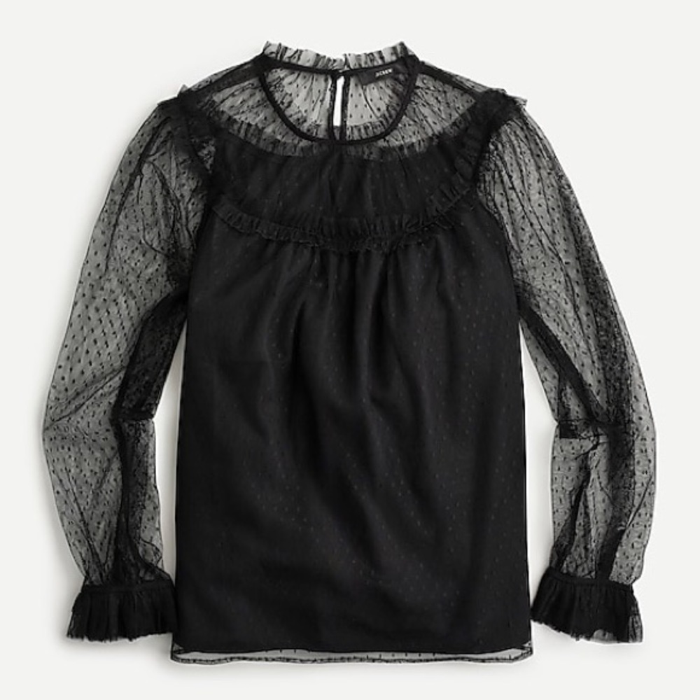 J.crew Black tulle blouse with ruffle detail, Size XS. Style AU258